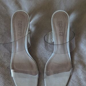 SCHUTZ Women's Clear Strap Mules - Cream and Tan